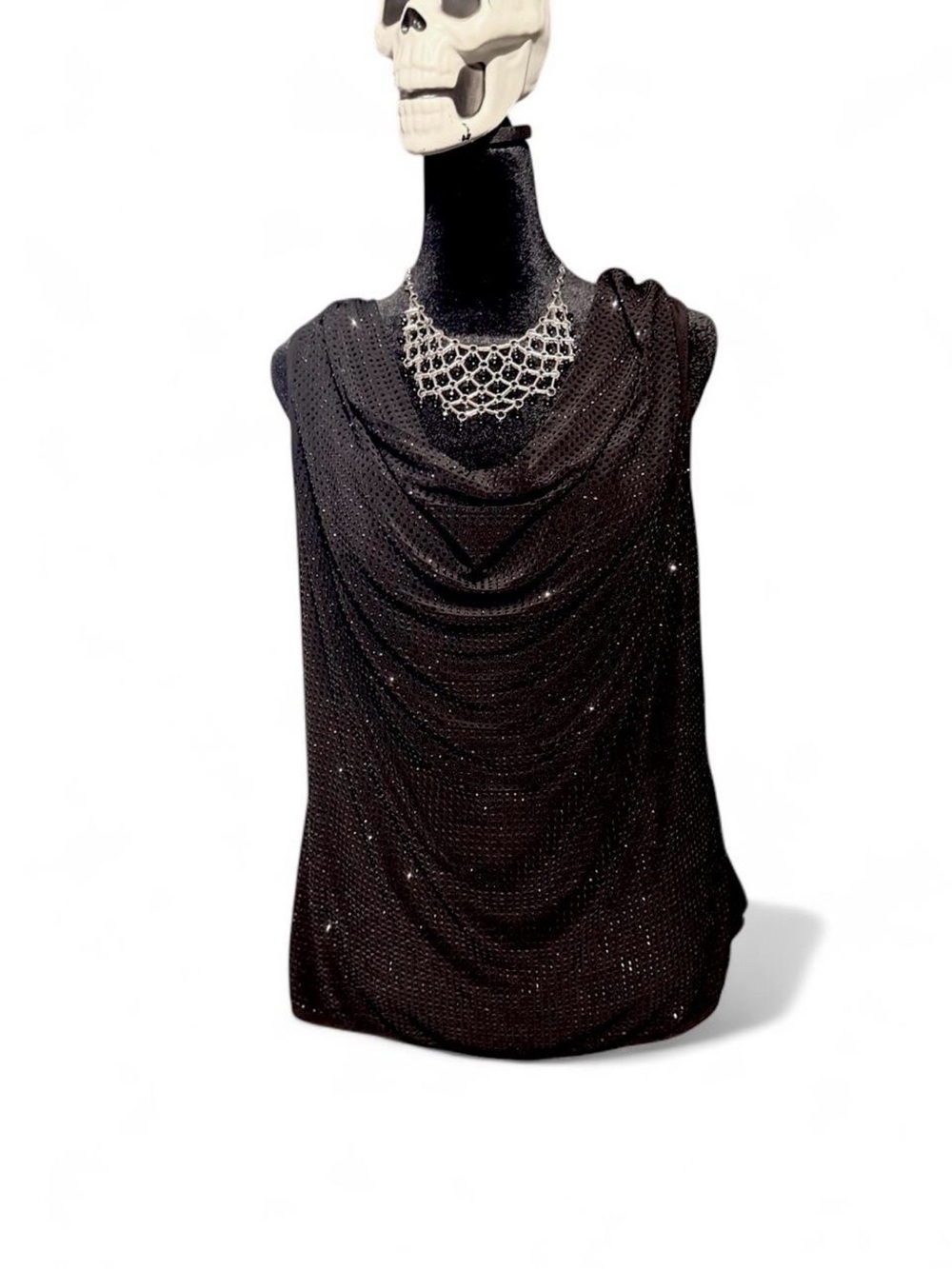 White House Black Market Black Draped Sequin Top